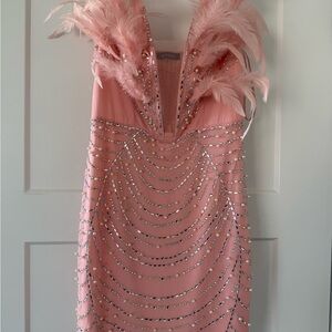 Sleeveless Feather-Trim Pink Mini Dress with Crystal Embellishments